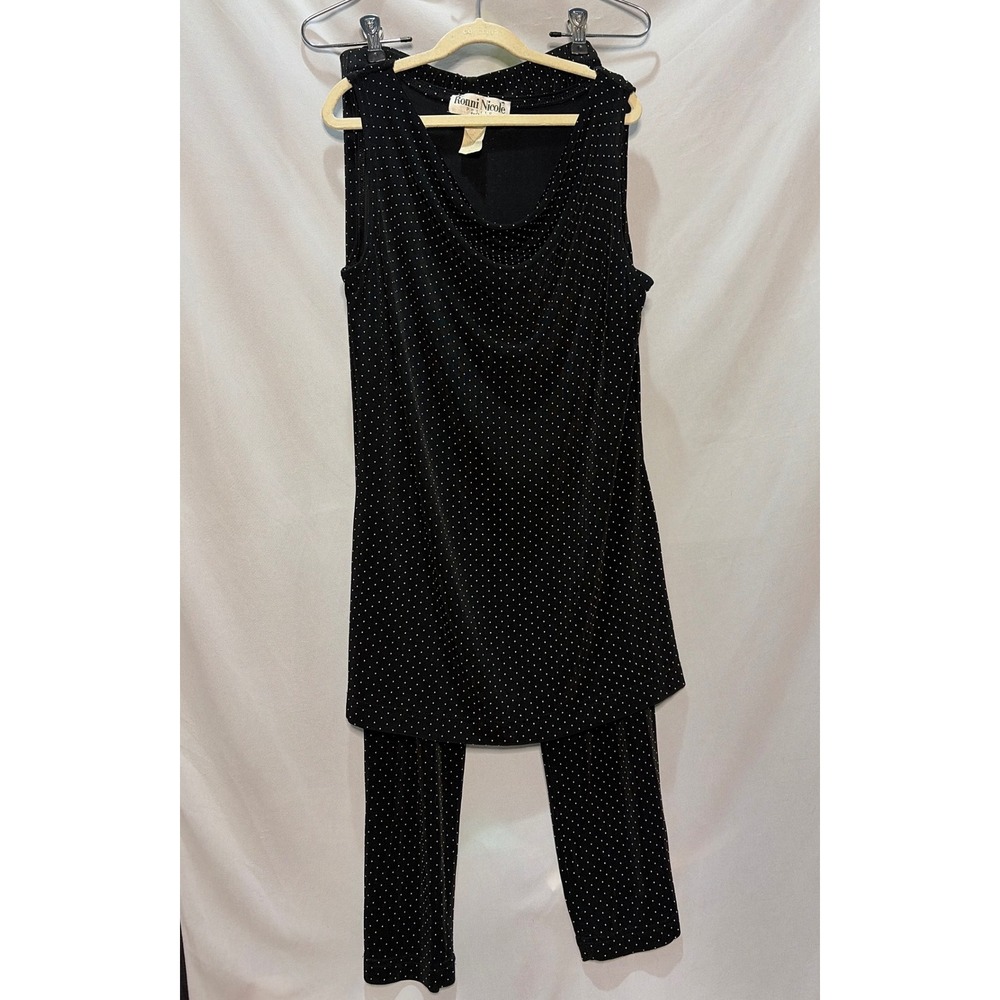 Ronni Nicole Petite 6P Black Polka Dot 2 Piece Set Cowl Neck Tunic Pants Vintage